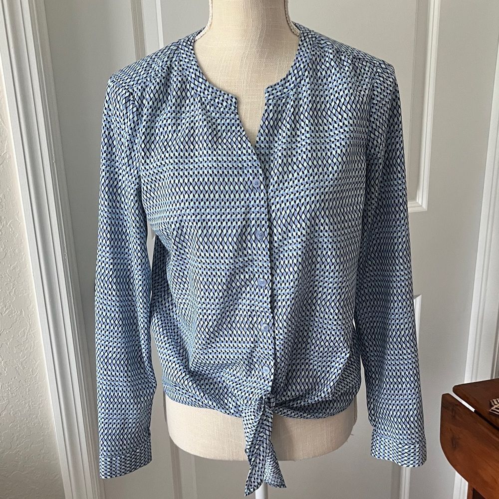Talbots Blue Geometric Button Down Tie Front Blouse SZ S